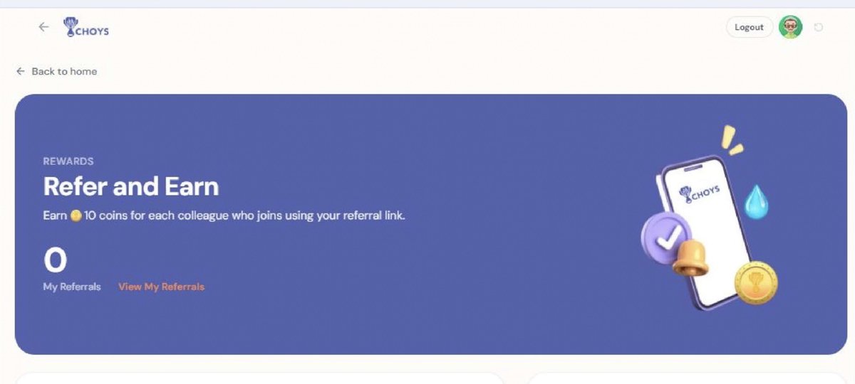 Refer and Earn — your links, your company code and your referral count.